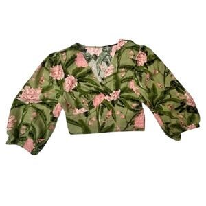 Agua Bendita for Target Peony Print Wrap Crop Top Puff Sleeve Green Pink XS/S